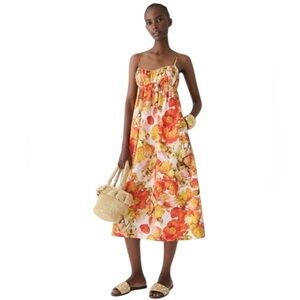 J. Crew Empire Waist Midi Dress in Floral Cotton Poplin Size Large Orange Yellow